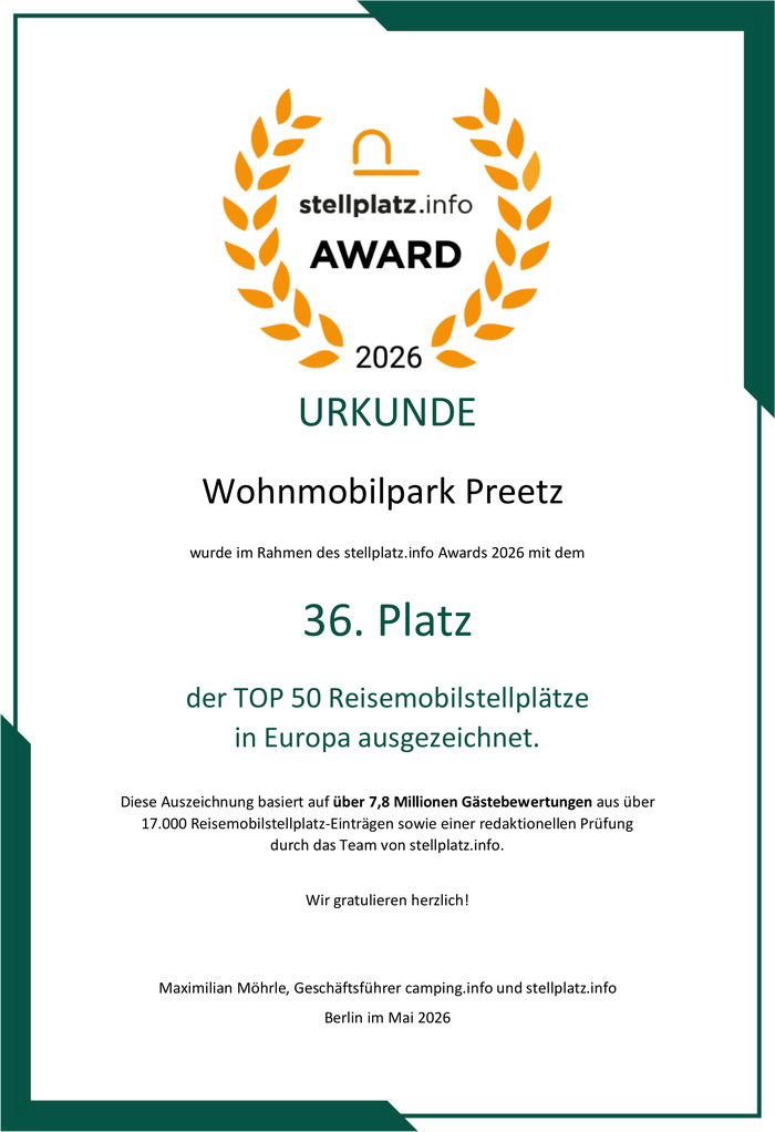 stellplatz.info Award 2026 – Platz 36 der Top 50 Reisemobilstellplätze Europa